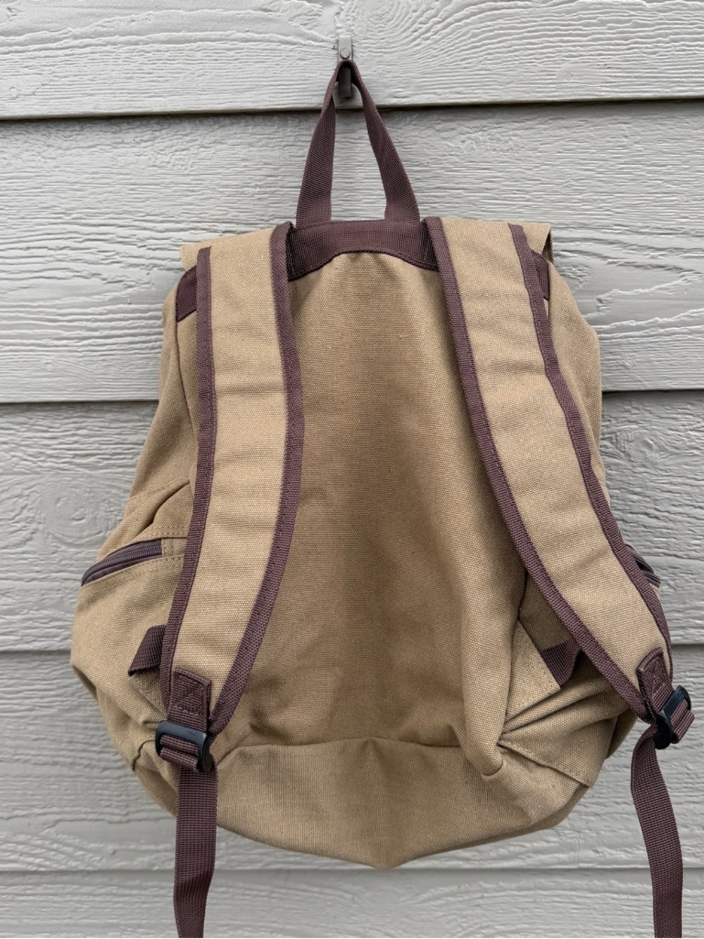 Bella Russo Canvas Backpack Unisex Drawstring Flap Zipper Pockets Faux Leather - Picture 6 of 11